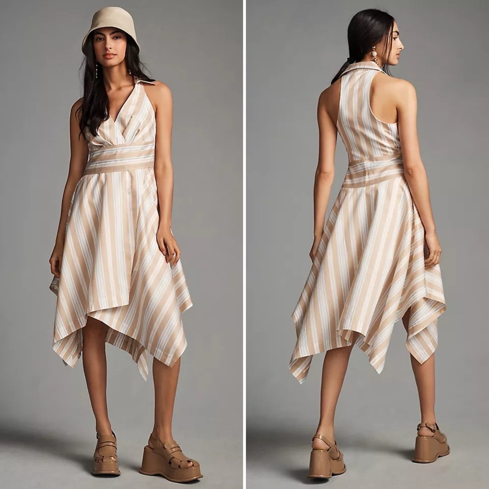 Anthropologie Maeve Asymmetrical Wrap Shirt Dress 12 tan stripe midi sleeveless